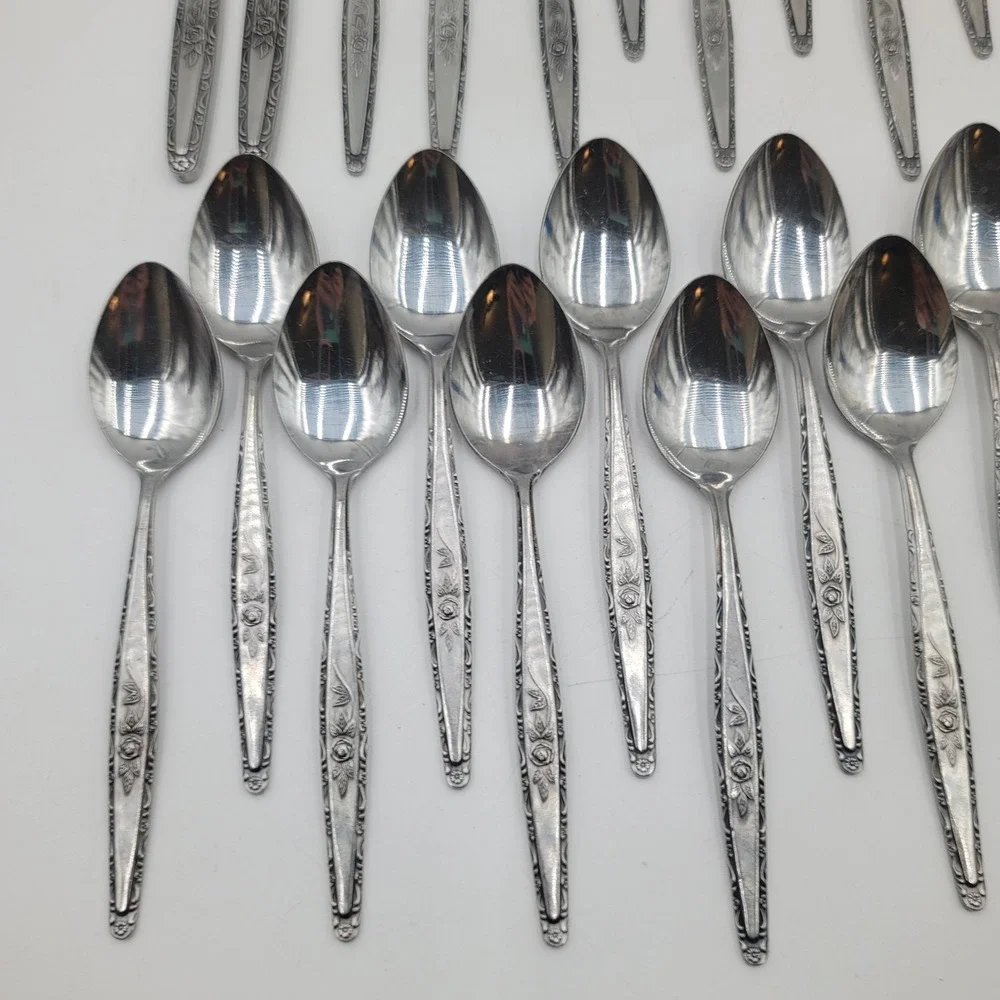 37pc SYF2 Japan Stainless Flatware Set Floral Rose Teaspoons Knives Forks